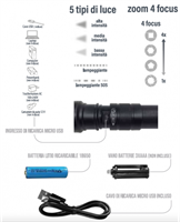 EL102 Torcia ricaricabile 5W, 600 lumen con doppia alimentazione ARGO,batteria ricaricabile agli ioni di litio o 3 batterie AAA, 5 tipi di luce, zoom 4 focus